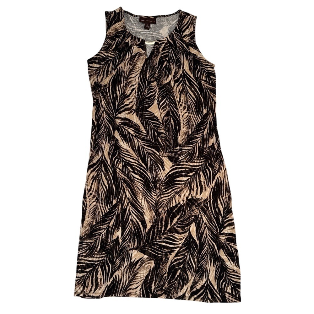Dana Buchman Womens Brown Tan Tropical Leaf Keyhole Sleeveless Shift Dress S